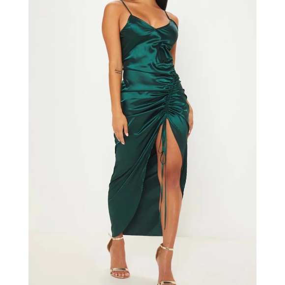 PrettyLittleThing | Dresses | Prettylittlething Emerald Green Satin Strappy  Ruched Maxi Dress | Poshmark